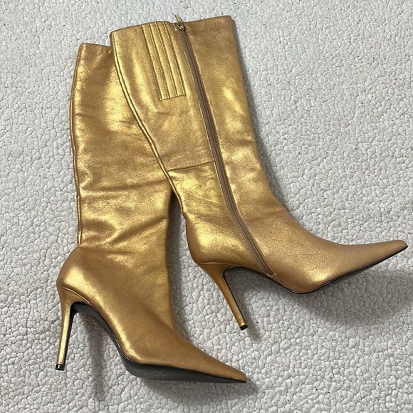 Colin Stuart Shoes - NWOT Colin Stuart Gold Metallic Leather Pointed Toe Tall Heeled Boots Size 6